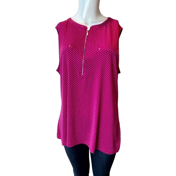 New York & Company Womens Polka Dot Sleeveless Top Front Zip Pink White Size XL - Picture 1 of 8